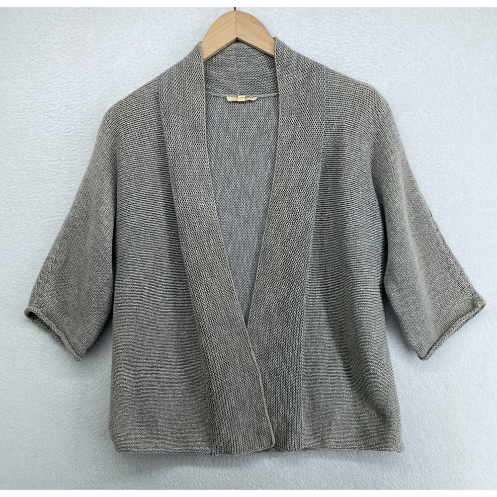 EILEEN FISHER Sweater M Cotton Cropped Cardigan Open Front Elbow Sleeve Gray
